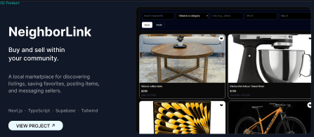NeighborLink project preview with marketplace search filters and local listings