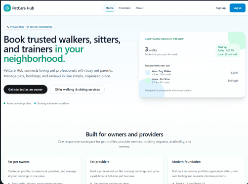 PetCare Hub homepage with pet service booking options and provider previews